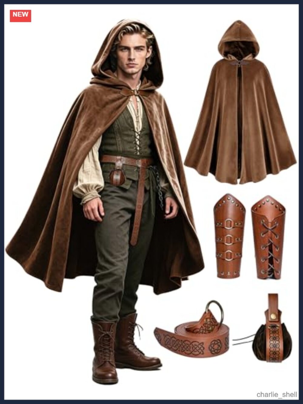 Renaissance Hooded Cloak Set Belt Pouch Bracers Cosplay Costume